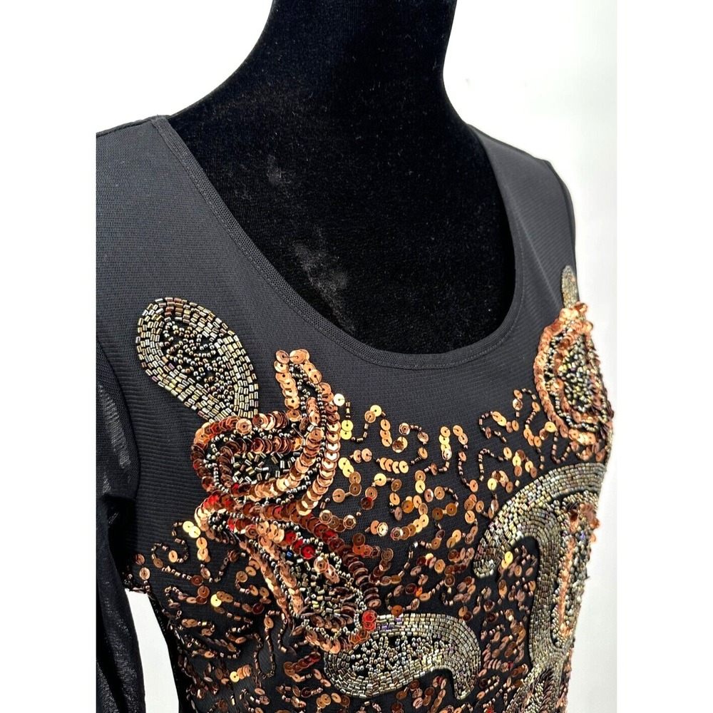Cartise Womens Scoop Neck Long Sleeve Top Large Black Bronze Sequin Knit - Picture 8 of 14